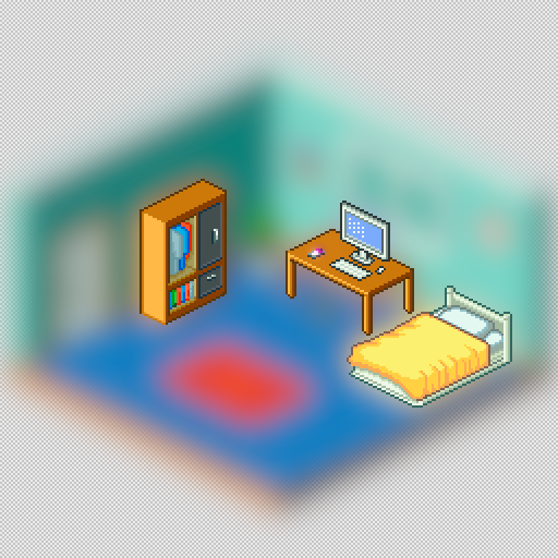 A pixel art bedroom with a blurry background and sharp objects representing layers