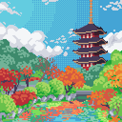 A pixel art Japanese pagoda, foliage and lake